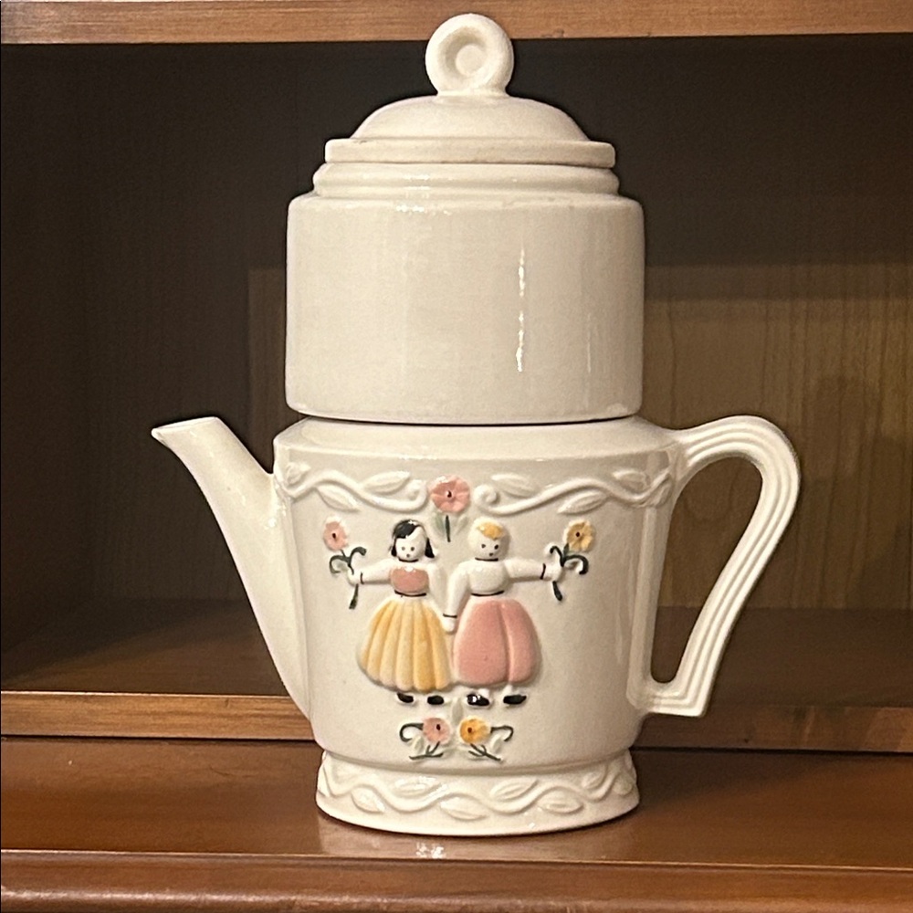 Charming Ceramic Teapot with Folk Art Design 1940’s